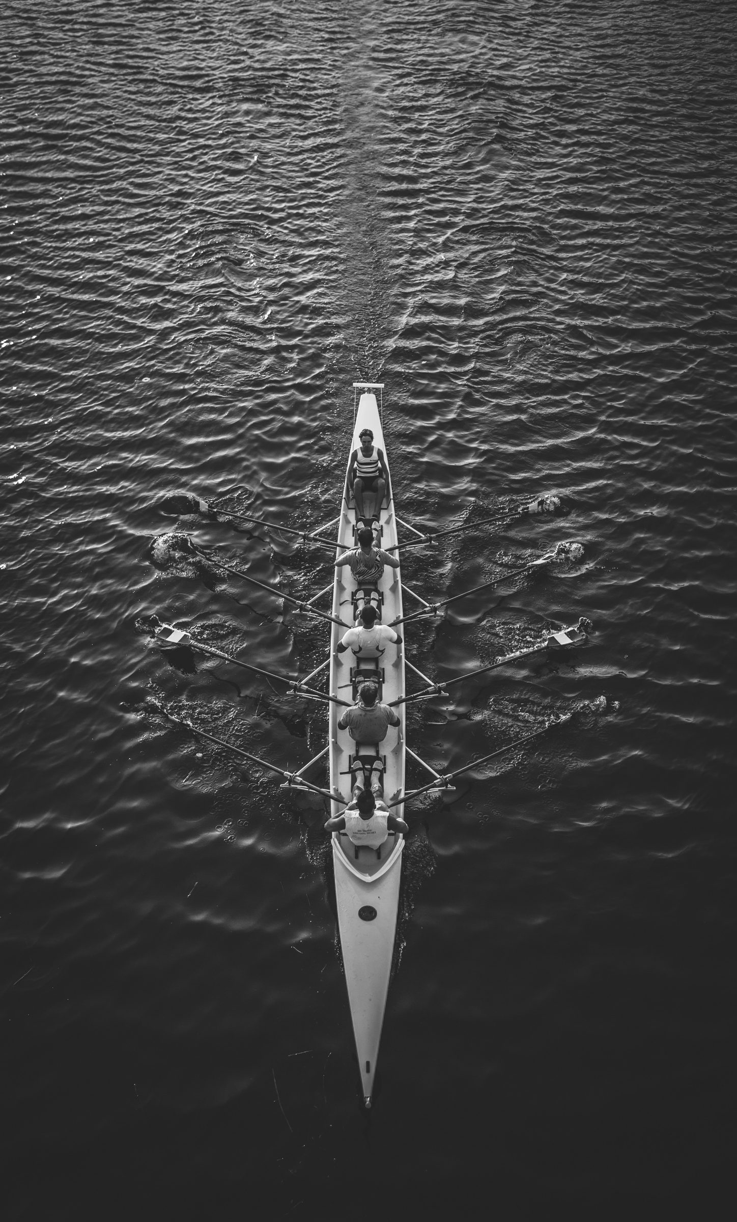 An eight-person rowing crew seen from directly above, oars extended symmetrically, cutting a straight line through dark water.
